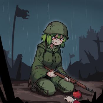 apple bandaged_fingers bandages blood blood_on_face blood_on_hands breasts combat_helmet ehehe52921343 food fruit green_hair green_helmet gun helmet highres holding holding_gun holding_weapon kazami_yuuka kneeling looking_down medium_breasts military_uniform night open_mouth rain raincoat red_eyes rifle short_hair touhou war weapon wet