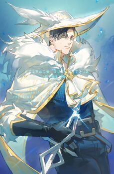 1boy belt black_gloves black_hair black_shirt blue_eyes brooch cape cinq_association_west_uniform contrapposto cowboy_shot elbow_gloves fingerless_gloves frills fur_collar gloves gold_trim hat hat_feather holding holding_polearm holding_weapon jewelry jing84672940 lance limbus_company looking_at_viewer male_focus meursault_(project_moon) official_alternate_costume polearm project_moon serious shirt short_hair solo weapon white_cape