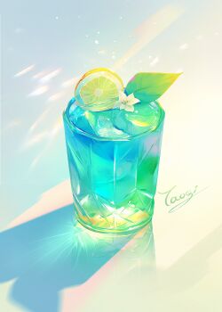 aqua_theme chinese_commentary commentary_request cup drink flower food food_focus food_request fruit grey_background highres ice ice_cube leaf lemon lemon_slice light light_particles liquid no_humans original realistic shadow signature taoqi7777 white_flower