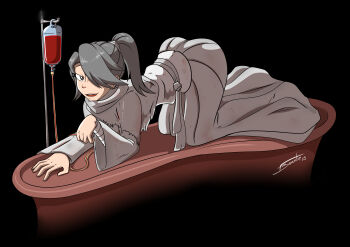 Rule 34 | 1girl, 2015, absurdres, all fours, black background, blood, bloodborne, doctor, fromsoftware, gloves, grey hair, grin, gunshad, highres, iosefka, looking at viewer, one eye covered, ponytail, robe, smile, white gloves, white robe