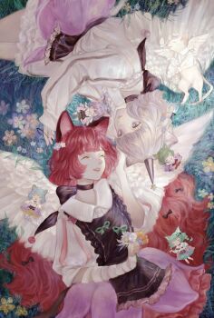 6+girls angel_wings animal_ears black_choker character_request chibi chino_(valis) choker closed_eyes dress feathered_wings flower green_hair grey_hair grey_horns hair_spread_out hat highres horns kamitsubaki_studio long_sleeves lying mouse_(animal) multiple_girls neffy_(valis) on_back on_side outdoors puffy_long_sleeves puffy_sleeves purple_eyes red_hair shirone_(coxo_ii) short_hair single_horn sinsekai_record valis_(sinsekai) white_wings wings