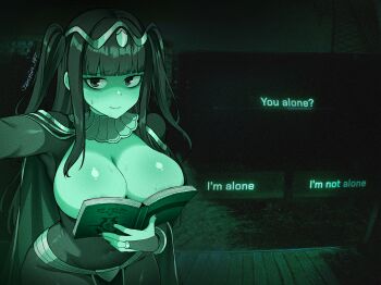 1girl areola_slip bodystocking boobs_in_book_(meme) book breasts breasts_out cape circlet cleavage covered_navel crossover dialogue_options embarrassed english_text fire_emblem fire_emblem_awakening frown highres holding holding_book jarckius large_breasts looking_at_viewer meme monochrome night nintendo no_i&#039;m_not_a_human pelvic_curtain solo sweat tharja_(fire_emblem) two_side_up wide_hips