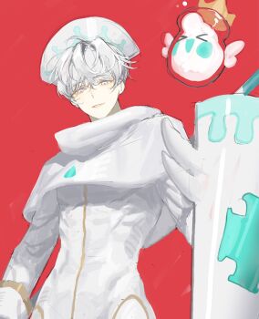 1boy chamuring commentary_request cookie_run creature hat highres holding holding_shield korean_commentary long_sleeves looking_at_viewer male_focus milk_cookie parted_lips red_background robe shield short_hair simple_background solo upper_body white_eyes white_hair white_hat white_robe