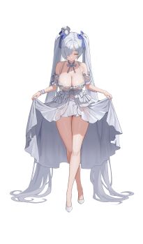 1girl absurdres bowing breasts cinderella_(glass_princess)_(nikke) cinderella_(nikke) cleavage closed_eyes closed_mouth dress full_body goddess_of_victory:_nikke grey_dress grey_hair highres marian_(dcinside_2pjh9wlmu4du) official_alternate_costume simple_background smile solo white_background