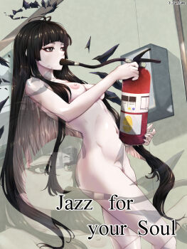 1girl 3_iq_tuna antenna_hair arknights artist_name ass black_eyes black_hair black_halo black_wings blunt_bangs breasts bright_pupils broken_halo brown_pubic_hair collarbone colored_inner_hair commentary completely_nude covered_mouth cowboy_shot crossed_legs dark_halo detached_wings dutch_angle energy_wings english_commentary english_text eyelashes female_pubic_hair fingernails fire_extinguisher from_side grey_hair groin hallway halo hands_up highres hime_cut holding indoors jazz_for_your_soul_(meme) large_variant_set long_hair looking_afar looking_ahead medium_breasts meme multicolored_hair navel nipples nude pale_skin projected_inset pubic_hair self-harm shade shadow sidelocks solo standing stomach thighs twitter_username two-tone_hair variant_set very_long_hair virtuosa_(arknights) wall wallpaper_(object) white_pupils wings you're_doing_it_wrong