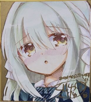 1girl :o blue_archive blue_bow blue_jacket blush bow braid brown_eyes collared_shirt diagonal-striped_bow grey_hair hair_bow highres jacket kuriyuzu_kuryuu long_hair looking_at_viewer miyo_(blue_archive) nose_blush parted_lips photo_(medium) shikishi shirt signature solo striped_bow traditional_media translation_request upper_body white_bow white_shirt