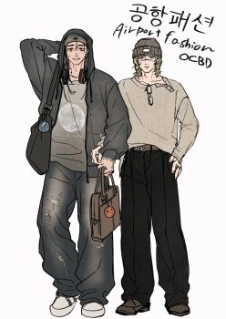 2boys alternate_costume arm_behind_head badeni bag beanie belt belt_buckle black_bag black_hair black_pants blonde_hair blue_pants brown_belt brown_shoes buckle chi.:_chikyuu_no_undou_ni_tsuite contemporary denim eyewear_hang full_body grey_hat grey_jacket grey_shirt hair_between_eyes hand_on_own_hip hat headphones headphones_around_neck highres holding holding_another&#039;s_arm holding_bag hood hood_up hooded_jacket jacket jeans male_focus medium_hair multiple_boys nervous_smile nomunomuwotaku oczy pants parted_lips scar scar_on_face scar_on_mouth scar_on_nose shirt shoes shoulder_bag smile sneakers standing sweatdrop torn_clothes torn_pants unworn_eyewear white_background white_shirt white_shoes yaoi