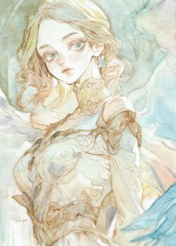 1girl 7na5go blonde_hair blue_eyes commentary_request curly_hair dress flower forehead from_below high_collar lace light_smile lineart long_hair original painting_(medium) parted_bangs solo traditional_media upper_body warm_colors watercolor_(medium) white_dress wings