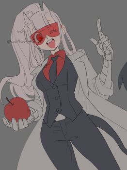 1girl ;d black_necktie black_vest breasts collared_shirt demon_girl demon_horns demon_tail flat_color food fruit goggles grey_background hand_up helltaker highres holding holding_food holding_fruit horns index_finger_raised lab_coat large_breasts long_hair looking_at_viewer loremaster_(helltaker) mechanical_arms necktie noah_(tettsui-sole) one_eye_closed open_mouth pants ponytail red-tinted_eyewear red_eyes red_shirt shirt simple_background smile solo tail teeth tinted_eyewear unfinished upper_teeth_only vest white_hair