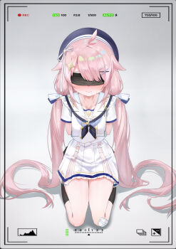 1girl absurdres ace_taffy ahoge arms_behind_back black_socks blindfold blue_hat blush bound bound_arms commentary_request crying dress execution full_body gauze_on_knee grey_background hair_ornament hair_ribbon hairclip hat highres indie_virtual_youtuber large_variant_set long_hair pink_hair recording ribbon seiza shirt simple_background sitting socks solo streaming_tears tears twintails variant_set very_long_hair viewfinder white_dress white_shirt x_hair_ornament xiaomu314