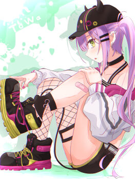 1girl absurdres bandaid bandaid_on_leg bibi_(tokoyami_towa) black_choker black_hat black_shirt black_shoes black_shorts blush character_name choker commentary_request cropped_jacket demon_girl demon_tail ear_piercing fishnet_thighhighs fishnets green_eyes hair_ornament hairpin hat highres hololive jacket long_hair looking_at_viewer multicolored_hair nail_polish o-ring o-ring_choker open_mouth piercing pink_hair pink_nails purple_hair shirt shoes shorts solo tail thighhighs tokoyami_towa tokoyami_towa_(1st_costume) twintails two-tone_hair u_da_desu virtual_youtuber white_jacket