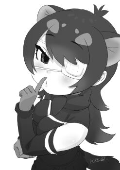 Rule 34 | 1girl, absurdres, animal ears, australian devil (kemono friends), black hair, blush, bow, bowtie, breasts, commentary request, extra ears, eyepatch, finger to mouth, gloves, highres, kemono friends, kemono friends 3, large breasts, long hair, looking at viewer, masuyama ryou, medical eyepatch, multicolored hair, shirt, shushing, solo, tail, tasmanian devil ears, tasmanian devil tail