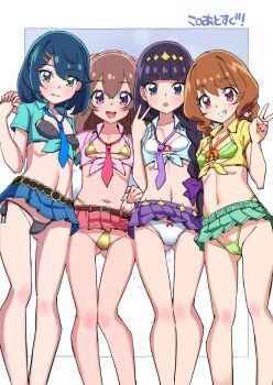 4girls aqua_shirt asortofcolorfag black_bra black_panties blue_eyes blue_hair blue_skirt blush bra brown_hair cameltoe colorized cropped_shirt eyebrows_hidden_by_hair flat_chest fuwa_kokone gluteal_fold gold_bra gold_panties green_bra green_eyes green_panties green_skirt groin hair_between_eyes hair_ornament hairclip hanamichi_ran hand_on_another's_hip highres kasai_amane long_hair looking_at_viewer medium_hair miniskirt miyagoe_yoshitsuki multiple_girls nagomi_yui navel necktie open_mouth panties pink_shirt precure purple_eyes purple_hair purple_skirt red_eyes red_skirt shirt simple_background skirt smile stomach teeth tied_shirt underwear v white_background white_bra white_panties yellow_shirt