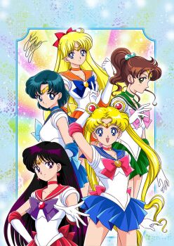 5girls aino_minako bishoujo_senshi_sailor_moon blonde_hair blue_eyes blue_hair brown_hair earrings gloves green_eyes hino_rei jewelry kino_makoto long_hair magical_girl marco_albiero miniskirt mizuno_ami multiple_girls purple_eyes purple_hair sailor_jupiter sailor_mars sailor_mercury sailor_moon sailor_venus short_hair short_sleeves skirt tsukino_usagi very_long_hair
