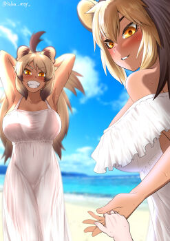 1other 2girls ahoge alternate_breast_size_(larger) animal_ears armpits arms_behind_head arms_up backlighting barbary_lion_(kemono_friends) bare_shoulders beach blonde_hair blue_sky blurry blurry_background blush breasts brown_hair cape_lion_(kemono_friends) dark-skinned_female dark_skin day double-parted_bangs dress grey_hair grin hair_between_eyes highres huge_breasts kashisu_mint kemono_friends kemono_friends_3 lion_ears looking_at_viewer multicolored_hair multiple_girls multiple_scars ocean off-shoulder_dress off_shoulder orange_eyes outdoors parted_bangs pov pov_hands sand scar scar_on_arm scar_on_face see-through_clothes see-through_dress see-through_silhouette sky smile standing sundress sweat teeth two-tone_hair v-shaped_eyebrows water white_dress