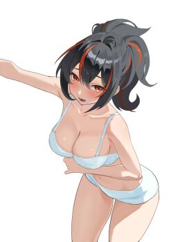 1girl black_hair blush bra breasts highres large_breasts leaning_forward looking_at_viewer multicolored_hair open_mouth panties ponytail red_eyes red_hair simple_background solo streaked_hair tifuibe underwear underwear_only white_background white_bra white_panties zenless_zone_zero zhu_yuan