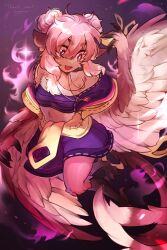 Rule 34 | 1girl, bird legs, bird tail, breasts, bright pupils, chest fluff, chest sarashi, claws, commentary request, commission, double bun, feathered wings, hair between eyes, hair bun, highres, hogara, jewelry, medium hair, necklace, open mouth, original, partially feathered tail, pink hair, purple skirt, sarashi, skeb commission, skirt, small breasts, solo, tail, talons, teeth, upper teeth only, white pupils, winged arms, wings