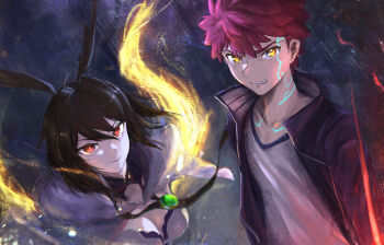 1boy 1girl armor black_hair black_jacket brynhild_romantia capelet closed_mouth command_spell emiya_shirou energy_spear energy_weapon energy_wings fate/grand_order fate/stay_night fate_(series) gotterdammerung_(fate/grand_order) head_wings highres hood hooded_capelet igote jacket magic_circuit nadenadesuki novum_chaldea open_clothes open_jacket orange_hair ortlinde_(fate) pink_wings red_eyes red_hair santa_costume shirt valkyrie_(fate) white_capelet white_santa_costume white_shirt wings yellow_wings