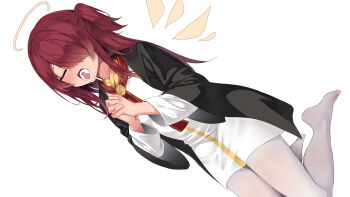 1girl after_fellatio arknights begging black_coat censored closed_eyes coat cum cum_in_mouth exusiai_(arknights) exusiai_the_new_covenant_(arknights) hair_over_one_eye halo highres kataokasan kneeling long_hair long_shirt mosaic_censoring open_mouth pantyhose red_hair shirt side_ponytail solo teeth white_pantyhose white_shirt