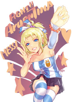 10s 1990s_(style) 1girl 2014 2014_fifa_world_cup 7h2o argentina argentinian_flag argentinian_flag_print bad_id bad_pixiv_id blonde_hair blue_eyes bracelet dated earrings english_text female_focus final_fantasy final_fantasy_vi flag_print grin heart jewelry makeup mascara miniskirt nail_polish pantyhose ponytail pun retro_artstyle shirt skirt smile soccer_uniform solo sportswear star_(symbol) striped_clothes striped_pantyhose striped_shirt striped_thighhighs tank_top thighhighs tina_branford vertical-striped_clothes vertical-striped_shirt world_cup zettai_ryouiki