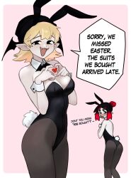 Rule 34 | absurdres, ass, bat wings, beanie, black hair, blonde hair, blush, breasts, colored skin, earrings, eleanor (justadrian), embarrassed, english text, fang, hat, heart, heart hands, highres, jewelry, justadrian (yoadriandk), leotard, multicolored hair, original, playboy bunny, pointy ears, red hair, scarlett (justadrian), short hair, small breasts, smile, two-tone hair, vampire, wings