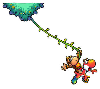 2boys absurdres baby_donkey_kong bib blue_boots boots brown_fur colored_skin donkey_kong highres mario_(series) multiple_boys nakagawa_yasuhisa nintendo official_art open_mouth plant red_skin red_yoshi simple_background third-party_source vines white_background yoshi yoshi&#039;s_island_ds