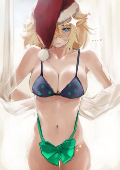 ... 1girl absurdres arms_behind_back black_bra blonde_hair blue_eyes bow bra breasts christmas_tree_print cleavage closed_mouth collarbone commentary english_commentary green_bow green_ribbon hat highres kaneko_lumi navel phase_connect pom_pom_(clothes) pupi_(rain_prophet) ribbon santa_hat solo stomach underwear virtual_youtuber