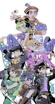 1girl 6+boys anchor_ornament backpack bag battle_tendency birthmark black_hair black_jacket black_pants blonde_hair blue_eyes blush_stickers bola_(weapon) braid brown_hair bubble bun_with_braided_base chain cone_hair_bun diamond_wa_kudakenai dixie_cup_hat double_bun earrings everyone fake_horns family fingerless_gloves gakuran giorno_giovanna gloves gold_chain green_eyes green_hair green_lips hair_bun hand_in_pocket hands_on_own_head hat headband heart higashikata_josuke higashikata_josuke_(jojolion) highres holding holding_sword holding_weapon hood hoodie horned_headwear horns in_tree jacket jewelry joestar_birthmark johnny_joestar jojo_no_kimyou_na_bouken jojolion jonathan_joestar joseph_joestar joseph_joestar_(young) kuujou_jolyne kuujou_joutarou ladybug_ornament looking_at_viewer looking_back luck_and_pluck midriff military_hat multicolored_hair multiple_boys orange_sailor_collar pants peace_symbol phantom_blood pink_jacket pink_pants pompadour print_pants purple_shirt reaching reaching_towards_viewer ripples sahau228 sailor sailor_collar scarf school_hat school_uniform shirt sitting sitting_in_tree smile sparkle spider_web_print star_(symbol) star_print stardust_crusaders steel_ball_run stone_ocean striped_clothes striped_scarf stud_earrings sword teeth tooth_gap tree triangle_print two-tone_hair vento_aureo vertical-striped_clothes vertical-striped_scarf weapon white_background white_hoodie yellow_eyes yellow_shirt