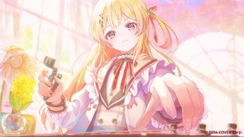 Rule 34 | 1girl, absurdres, acoustic guitar, blonde hair, brown dress, brown eyes, brown sailor collar, buttons, commentary request, copyright notice, double-breasted, double-parted bangs, dress, fortissimo, frilled jacket, frills, guitar, guitar tuner, hair between eyes, hair ornament, hair ribbon, hairclip, highres, hololive, hololive dev is, indoors, instrument, jacket, long hair, long sleeves, looking at viewer, musical note, musical note hair ornament, nakauma, neck ribbon, official art, one side up, otonose kanade, otonose kanade (1st costume), plaid clothes, plaid dress, red ribbon, ribbon, sailor collar, shirt, smile, solo, upper body, virtual youtuber, white jacket, white sailor collar, white shirt