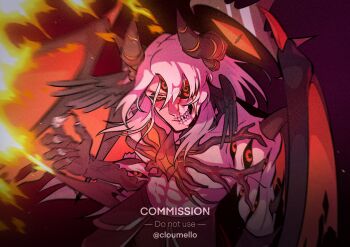 1boy abs black_hands black_sclera blood blood_on_face cloumello colored_extremities colored_sclera commentary commission demon_boy demon_horns demon_wings english_commentary extra_eyes fire hair_between_eyes hand_up highres horns looking_at_viewer male_focus medium_hair original purple_background red_eyes solo teeth toned toned_male upper_body watermark white_hair wings