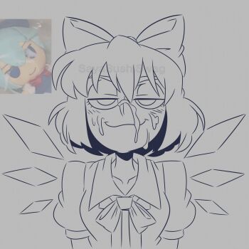 1girl blush bow cirno collarbone collared_shirt grey_background highres ice ice_wings looking_at_viewer monochrome neck_ribbon photo-referenced photo_inset puffy_sleeves ribbon sayasushiswag shirt short_hair short_sleeves smile solo suggestive_fluid touhou wings