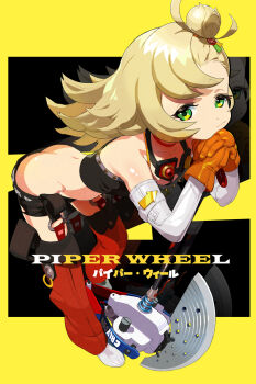 1girl :/ ass axe bare_shoulders bent_over black_shorts blonde_hair butt_crack character_name closed_mouth commentary_request detached_sleeves downpants from_side gloves green_eyes hair_bun hands_on_own_chin loli midriff moudoku_(decopon3rd) orange_gloves piper_wheel short_shorts shorts sideways_glance solo strapless tube_top yellow_background zenless_zone_zero