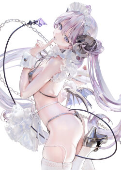 1girl between_legs bodysuit breasts curled_horns finger_to_mouth floating_hair grey_bodysuit grey_shoes high_heels highres horns jima long_hair maid_headdress medium_breasts original purple_eyes purple_nails shoes solo standing standing_on_one_leg tail tail_between_legs thighhighs twintails very_long_hair white_thighhighs