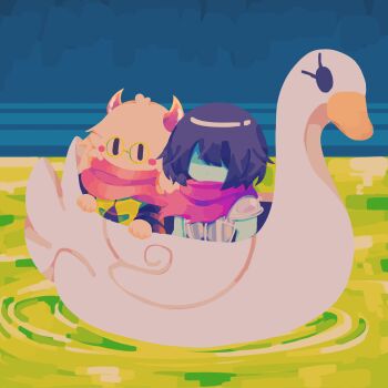 1boy 1other alicezakat animal_ears armor black_eyes black_hair black_shirt blush blush_stickers boat body_fur breastplate closed_mouth covered_eyes deltarune furry furry_male glasses goat_boy goat_ears green-framed_eyewear green_vest hair_over_eyes highres horns kris_(dark_world)_(deltarune) kris_(deltarune) liquid long_sleeves ralsei red_horns red_scarf ripples round_eyewear scarf shirt short_hair shoulder_armor sidelocks swan_boat torn_clothes torn_scarf upper_body utdr_(toby_fox) vest watercraft white_fur |_|