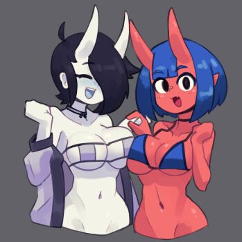 2girls :d ahoge asymmetrical_docking bikini bikini_top black_eyes black_hair blue_bikini blue_hair blush bob_cut borrowed_character breast_press breasts choker cinna_(taggo) cleavage clenched_hands closed_eyes collarbone colored_skin doce eyepatch_bikini fang female_focus grey_background hair_over_one_eye highres holding_hands horns large_breasts looking_at_viewer multiple_girls navel oni oni_horns open_mouth original pointy_ears purple_bikini red_skin short_hair smile spooky_(ahegaokami) swimsuit white_skin