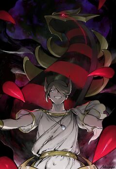 1boy black_sclera blonde_hair colored_sclera commentary_request evil_grin evil_smile gen_4_pokemon giratina giratina_(origin) glowing grey_eyes grin hair_over_one_eye highres jewelry legendary_pokemon looking_at_viewer male_focus necklace nintendo no_ichigo open_mouth pokemon pokemon_(creature) pokemon_legends:_arceus red_eyes robe short_hair short_sleeves smile spikes upper_body volo_(pokemon) white_robe wings