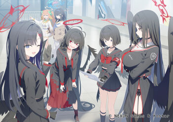 6+girls armband black_dress black_garter_straps black_gloves black_sailor_collar black_serafuku black_shirt black_skirt black_socks black_thighhighs blue_archive bow breasts commentary_request dress garter_straps gloves gotyou halo hand_up hasumi_(blue_archive) ichika_(blue_archive) justice_task_force_(blue_archive) large_breasts library_committee_(blue_archive) mashiro_(blue_archive) multiple_girls official_art one_eye_closed red_armband red_halo sailor_collar school_uniform serafuku shimiko_(blue_archive) shirt skirt small_breasts socks thighhighs tsurugi_(blue_archive) ui_(blue_archive) unusually_open_eyes wings