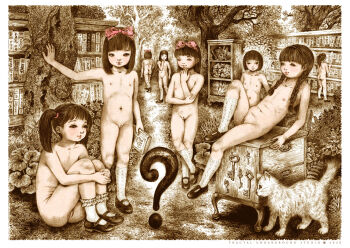 2020 20s 6+girls ? animal ass black_eyes black_hair black_shoes blush book bookshelf bow braid cat collarbone crystal flat_chest flower fractal_underground_studio from_behind hair_bow highres holding holding_book hugging_own_legs key kneehighs loli long_hair looking_at_viewer mary_janes multiple_girls navel nightstand nipples nude original ponytail pussy red_bow shelf shoes short_hair sitting smile socks standing tree twin_braids twintails white_fur white_socks