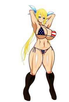 1girl american_flag american_flag_bikini american_flag_print armpits arms_behind_head bikini blonde_hair blue_eyes boots breasts closed_mouth flag_print flag_print_bikini hair_ribbon half-closed_eyes highres large_breasts legs long_hair looking_at_viewer navel original print_bikini ribbon seductive_gaze seductive_smile sideboob smile solo swimsuit thick_thighs thighs toned twintails very_long_hair