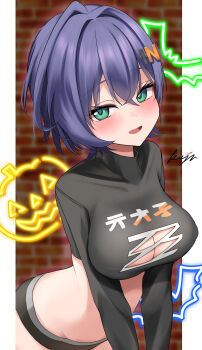 1girl absurdres belle_(zenless_zone_zero) black_shirt black_shorts blue_eyes blue_hair blush breasts commentary_request hair_ornament highres kaju_paint large_breasts letter_hair_ornament medium_hair open_mouth shirt shorts smile solo zenless_zone_zero