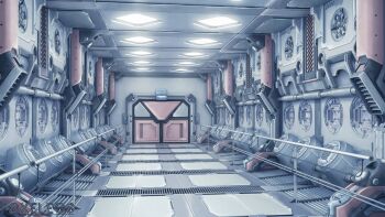 3d artist_name blender_(medium) ceiling ceiling_light commentary door english_commentary floor foxeleos grey_theme hallway highres indoors no_humans original photoshop_(medium) railing scenery wall watermark