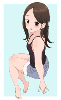 Rule 34 | 1girl, absurdres, aqua background, barefoot, black tank top, blush, border, breasts, brown eyes, brown hair, collarbone, commentary request, denim, denim shorts, from side, full body, grey nails, hair behind ear, highres, invisible chair, ito kashiwamochi, karakai jouzu no takagi-san, long hair, nail polish, open mouth, parted bangs, purple nails, short shorts, shorts, simple background, sitting, small breasts, solo, spaghetti strap, straight hair, takagi-san, tank top, turning head, white border, white nails