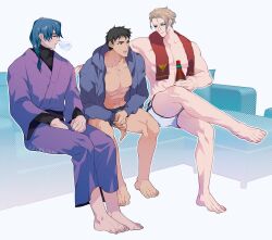 Rule 34 | 3boys, absurdres, ao isami, bara, bare pectorals, black hair, blonde hair, facial hair, highres, humanization, large pectorals, legs together, lewis smith, llld (2ldk1241), looking ahead, male focus, multiple boys, muscular, muscular male, pectorals, short hair, shorts, sideburns stubble, sitting, stubble, superbia (bravern) (personification), thick eyebrows, yaoi, yuuki bakuhatsu bang bravern