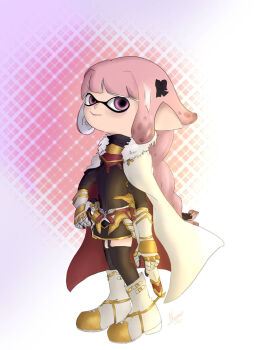 1boy alternate_species astolfo_(fate) black_thighhighs fate/apocrypha fate_(series) full_body garter_straps gauntlets gold inkling male_focus nintendo non-web_source nunalychan pink_eyes pink_hair solo splatoon_(series) squid_boy thighhighs