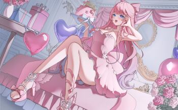 1girl absurdres balloon bare_arms bare_shoulders bed blue_eyes bow box breasts cake cleavage commentary commission curtains dress emiphoria english_commentary flower food gift gift_box hair_bow happy_birthday heart_balloon high_heels highres holding holding_cake holding_food ibbychan indie_virtual_youtuber indoors large_breasts long_hair mirror off-shoulder_dress off_shoulder open_mouth pink_bow pink_dress pink_flower pink_hair pink_shoes shoes sitting solo