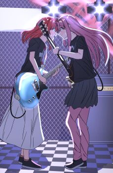 2girls absurdres amplifier backlighting black_shoes black_skirt blue_eyes blush bocchi_the_rock! checkered_floor electric_guitar fence forehead-to-forehead gotoh_hitori guitar heads_together highres instrument kessoku_band_t-shirt kita_ikuyo long_hair multiple_girls music pants pink_hair pink_pants playing_instrument red_hair ryoo_0526 shirt shoes singing skirt smile stage stage_lights sweat white_shirt yellow_eyes yuri