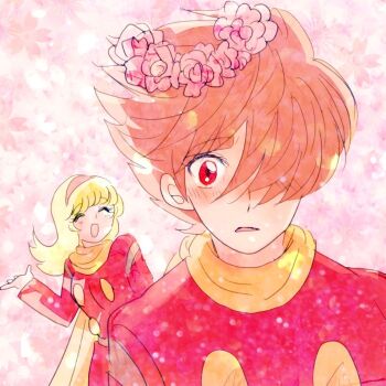 Rule 34 | 1girl, belt, black belt, blonde hair, brown hair, closed eyes, coat, couple, cyborg, cyborg 009, francoise arnoul, hairband, head wreath, light blush, long hair, looking at viewer, pink hairband, red coat, red eyes, sariokisu, scarf, shimamura joe, short hair, yellow scarf