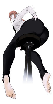 1girl absurdres ass barefoot braid chainsaw_man feet hand_on_own_ass highres long_hair looking_at_viewer looking_back makima_(chainsaw_man) red_hair ria06 single_braid sitting soles stool toes yellow_eyes
