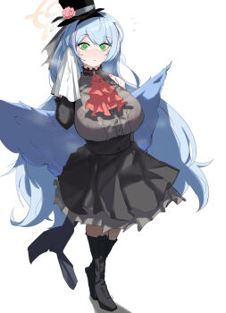 1girl absurdres ascot black_boots black_dress black_hat black_headband blue_archive blue_hair blue_wings boots bra_visible_through_clothes breasts closed_mouth dress green_ascot green_eyes halo hat headband highres holding holding_towel idol idol_clothes long_hair looking_at_viewer mine_(blue_archive) mine_(idol)_(blue_archive) mini_hat mini_top_hat official_alternate_costume plentyofempty simple_background solo standing steam steaming_body sweat sweaty_clothes top_hat towel wings wiping_sweat