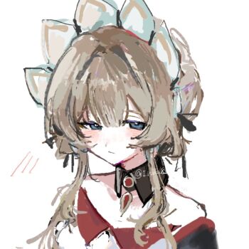 Rule 34 | 1girl, artist name, black bow, black sleeves, blue eyes, blush, bow, breasts, brown hair, closed mouth, commentary request, detached sleeves, dress, gem, genshin impact, hair between eyes, hair bow, hair bun, half-closed eyes, head wings, i ruka82, jewelry, lapels, looking at viewer, medium breasts, pendant, red gemstone, sandrone (genshin impact), short hair with long locks, simple background, sleeveless, sleeveless dress, solo, strapless, strapless dress, upper body, white background, white dress, white headdress, wings